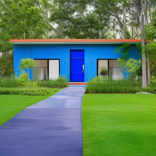 

A photo of a modern home with a bright blue door, surrounded by lush green grass and shrubs.