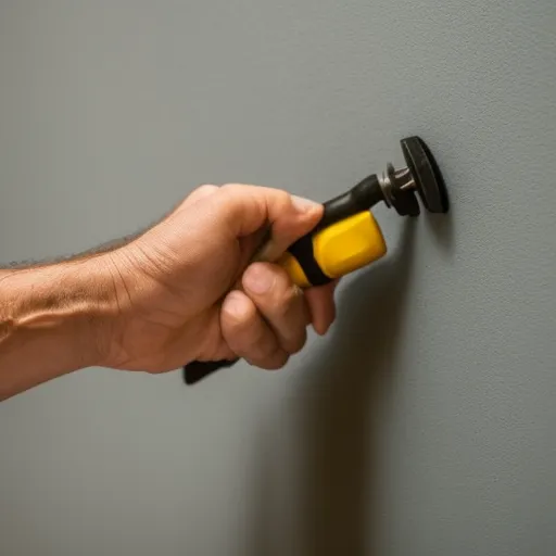 

A close-up of a hand holding a screwdriver, replacing an electrical outlet in a wall.